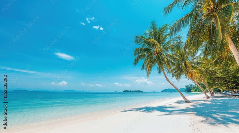 Fototapeta premium A white sandy beach with palm trees, clear blue sky, and turquoise sea