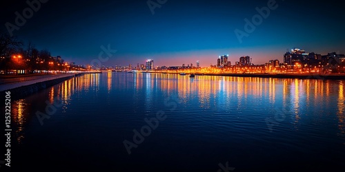 Cityscape Reflection on Calm River at Twilight with Vibrant Lights