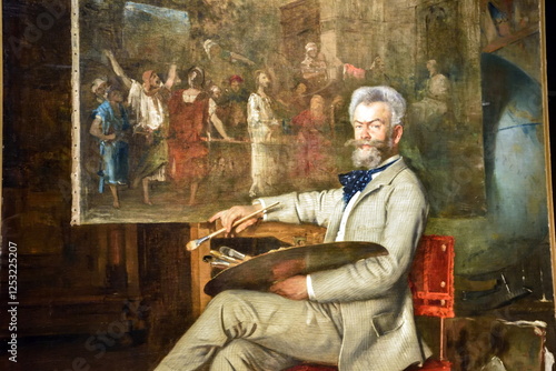 Fine Art Museum in Budapest. Special exhibition: artwork of Hungarian painter Mihaly Munkacsy. Artist at work...