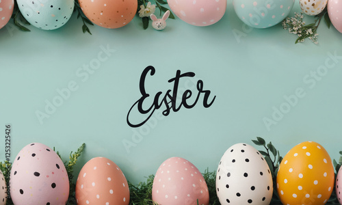 Easter time background flat lay with easter eggs