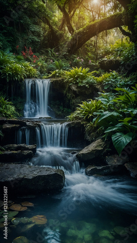 Magical waterfall in a mystical garden.