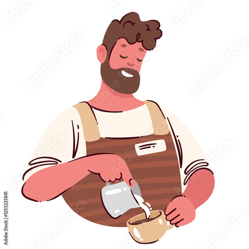 Barista in cartoon brown apron pouring cream from creamer to coffee cup for art. Funny cartoon man with beard making cute pattern on hot coffee surface. Cafeteria, service mascot vector illustration