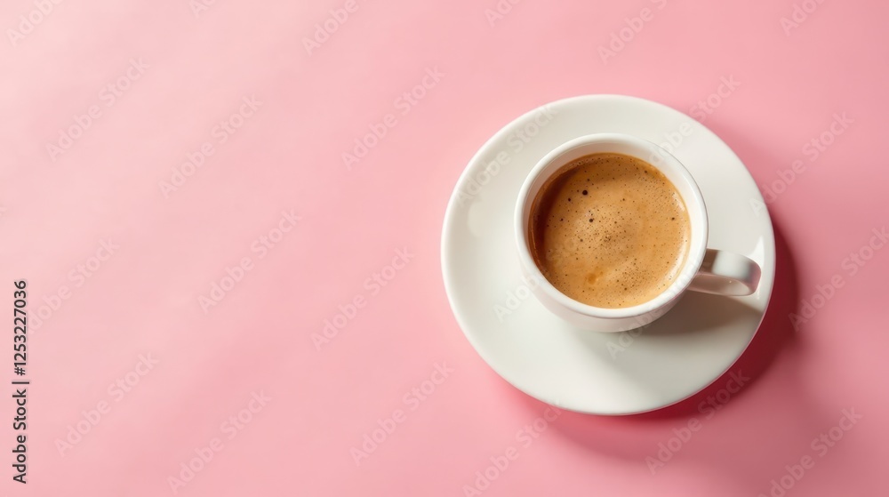 Fototapeta premium Aromatic Espresso in a White Cup on a Pink Background, Perfect for a Refreshing Morning