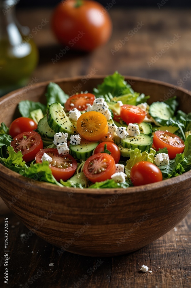 Fresh salad with vibrant tomatoes, crisp cucumbers, creamy feta, and lettuce, in a wooden bowl. Healthy eating! National Salad Month Fresh salad with vibrant tomatoes, crisp cucumbers, creamy feta, and lettuce, in a wooden bowl. Healthy eating! National Salad Month