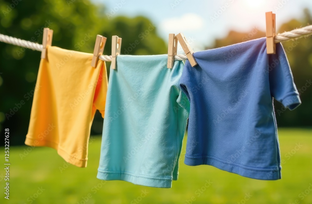 Rope with clean clothes outdoors on laundry day Rope with clean clothes outdoors on laundry day