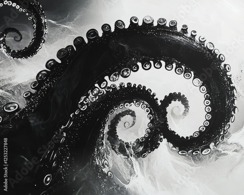 Black and white tentacles spiraling in elegant waves, surrounded by misty gradients, their tips glowing faintly to add intrigue and depth photo