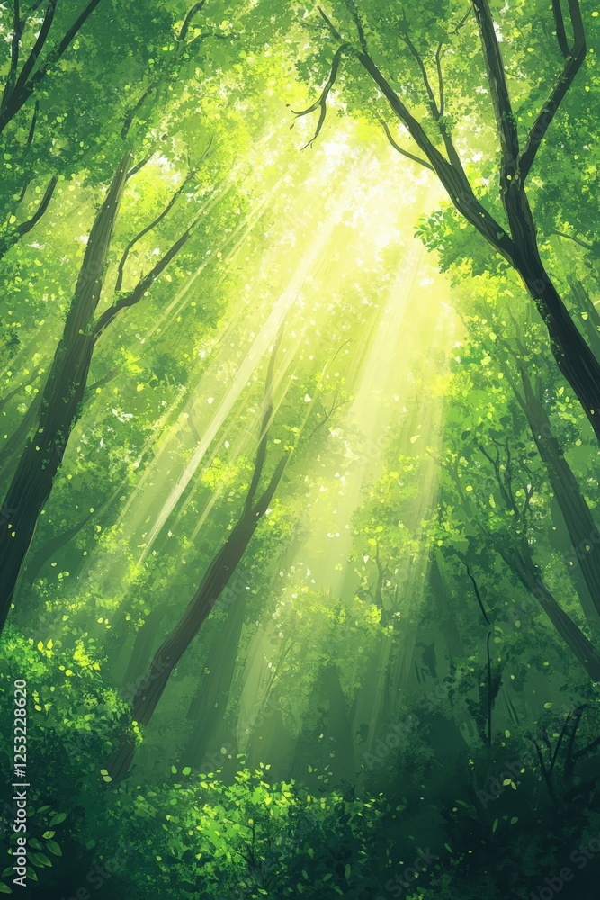 Fototapeta premium Light filters through a lush forest canopy during daytime