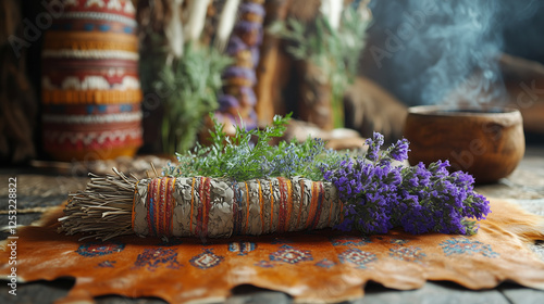 Native American Healing Herbs on Deerskin Cloth with Traditional Artifacts