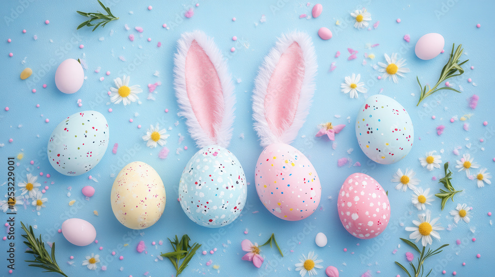 Easter celebration with painted eggs and bunny ears on a soft pastel backdrop Easter celebration with painted eggs and bunny ears on a soft pastel backdrop