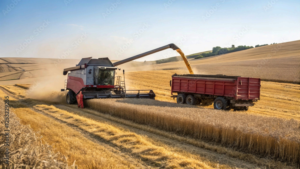 Obraz premium A combine harvester efficiently transfers freshly harvested grain into a tractor trailer amidst the golden expanse of a wheat field, showcasing modern agricultural practices