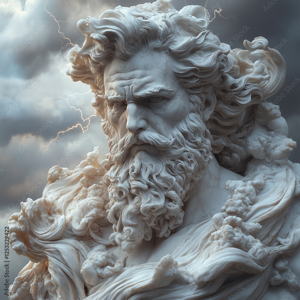Storm God Sculpture in Classical Style with Lightning and Swirling Clouds Storm God Sculpture in Classical Style with Lightning and Swirling Clouds