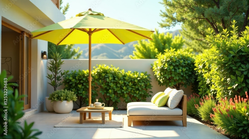 Fototapeta premium Serene Patio Oasis Wooden Daybed, Lush Greenery, and a Sunny Yellow Umbrella Offer a Relaxing Outdoor Retreat