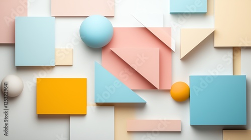 Abstract geometric shapes in pastel colors create a dynamic, modern composition for creative backgrounds.