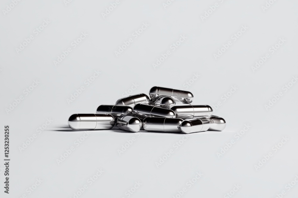 Metallic capsules stacked on a light background showcasing modern design and pharmaceutical innovation Metallic capsules stacked on a light background showcasing modern design and pharmaceutical innovation