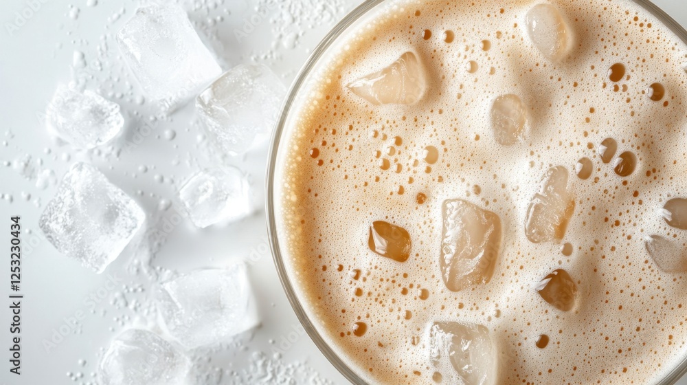 Close-up of iced coffee with frothy milk and ice cubes. Perfect for menus, blogs, or articles about refreshing summer drinks. Close-up of iced coffee with frothy milk and ice cubes. Perfect for menus, blogs, or articles about refreshing summer drinks.