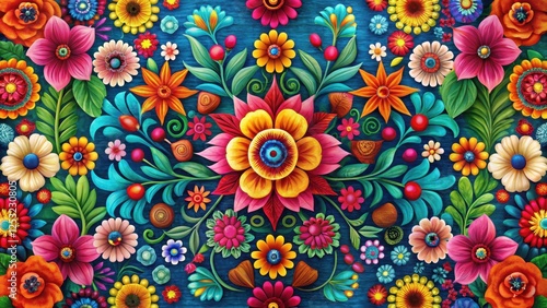 Vibrant floral motifs with intricate details and bold colors on a textured background, latin american culture, colorful designs