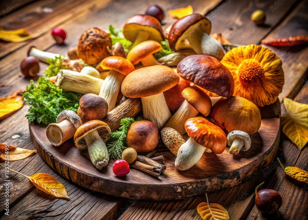 Rustic Plate of Wild Mushrooms, Close-Up, Documentary Style Food Photography Rustic Plate of Wild Mushrooms, Close-Up, Documentary Style Food Photography
