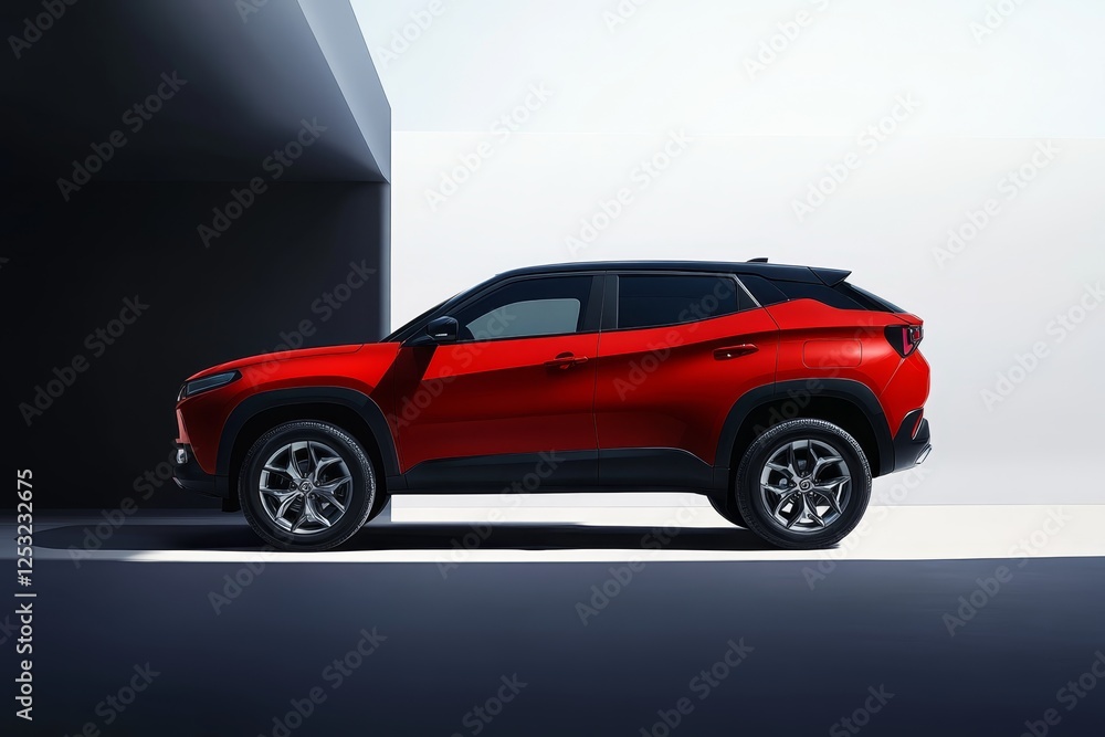 Sleek red SUV parked in modern urban environment showcasing bold design in bright daylight Sleek red SUV parked in modern urban environment showcasing bold design in bright daylight