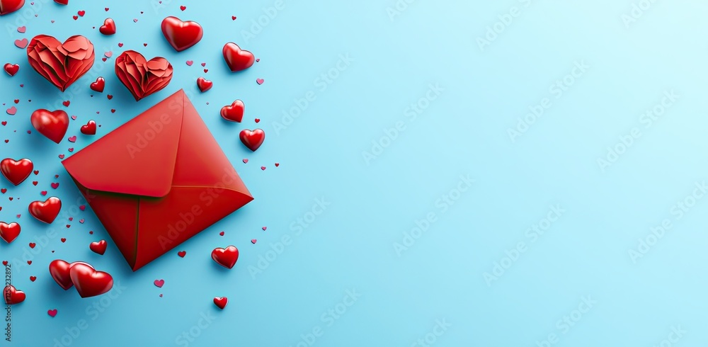 Paper hearts soar from an envelope on a blue backdrop, accompanied by a love letter, symbolizing love, weddings, and Valentine's cards
