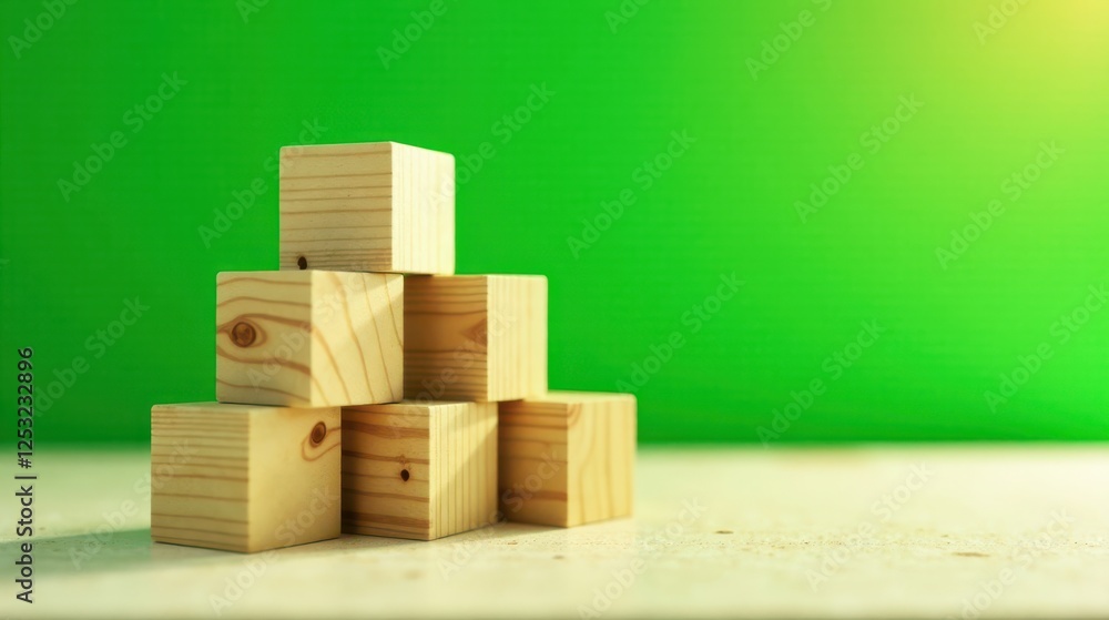 Wooden blocks arranged in a pyramid shape against a vibrant green backdrop. A simple yet striking image representing growth, stability, and potential. Wooden blocks arranged in a pyramid shape against a vibrant green backdrop. A simple yet striking image representing growth, stability, and potential.
