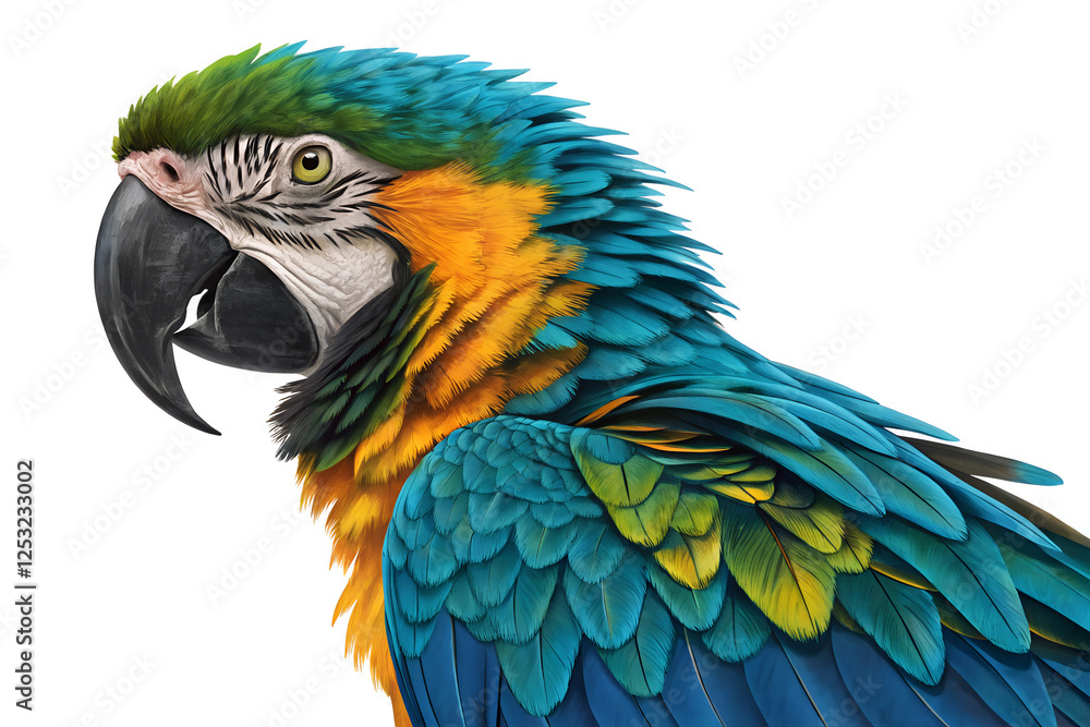 Fototapeta premium Colorful portrait of a parrot macaw against white background