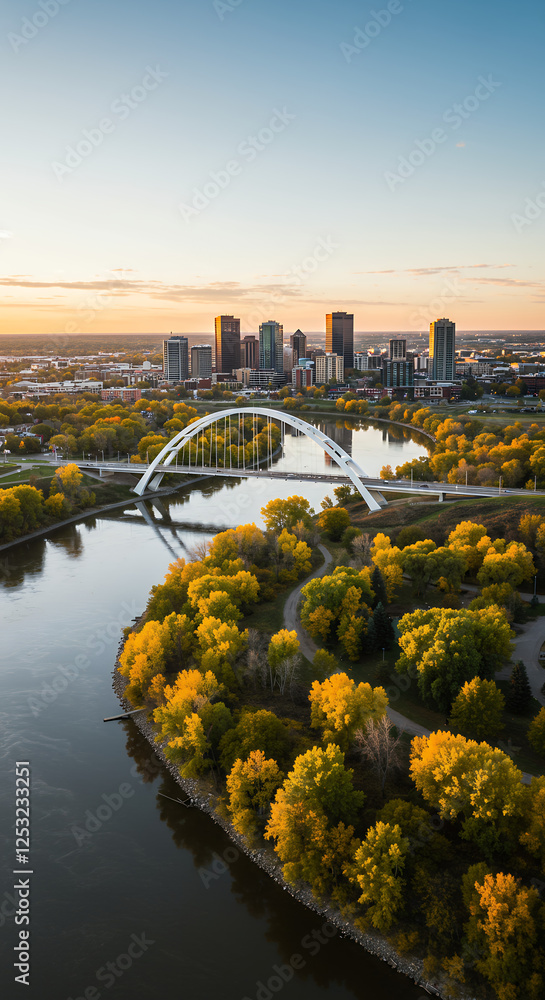 Fototapeta premium Edmonton's Autumn Glory: A Stunning Aerial View of the Walterdale Bridge & City Skyline at Sunset, Embracing Nature & Architecture.