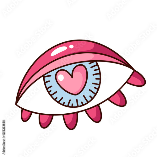 Groovy psychedelic cartoon eye with heart inside pupil. Funny retro cute pink trippy eye of hippy girl in love. Hippie, feminism mascot, cartoon funky sticker of 70s 80s style vector illustration