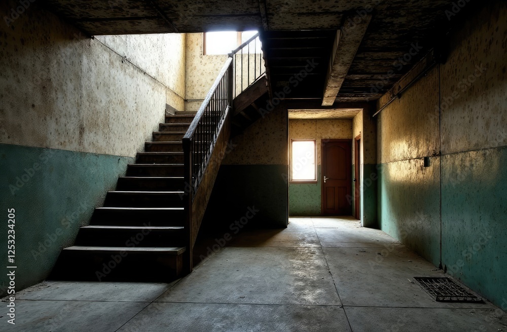 empty basement in abandoned old industrial building with little light and a wooden stairs empty basement in abandoned old industrial building with little light and a wooden stairs