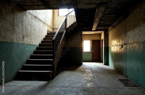 empty basement in abandoned old industrial building with little light and a wooden stairs
