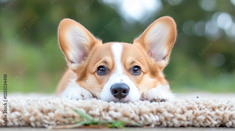 Adorable corgi puppy resting outdoors on rug Adorable corgi puppy resting outdoors on rug