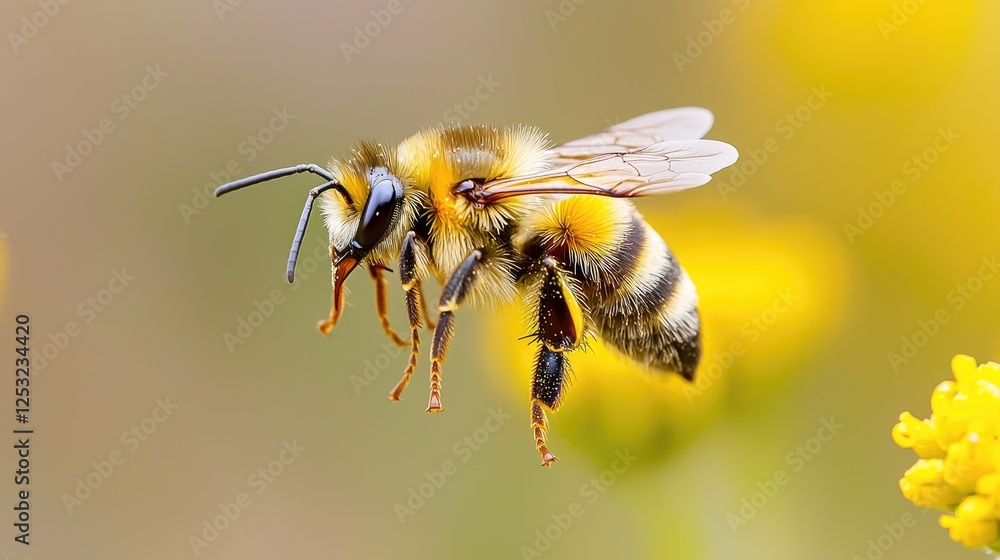 Bee in flight, pollinating yellow flowers, nature background, perfect for nature documentaries Bee in flight, pollinating yellow flowers, nature background, perfect for nature documentaries