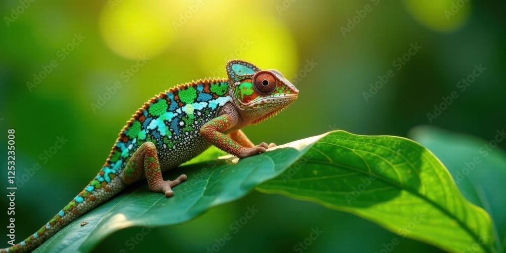 Obraz premium Vibrant Reptile on Lush Foliage in Sunlight A Close-Up of a Colorful Chameleon Resting Serene on a Broad Leaf, Basking in the Warm Glow of the Sun's Rays