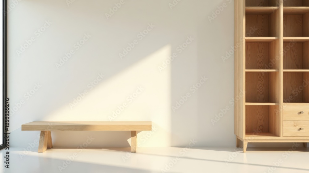 Fototapeta premium Simple Minimalist Room Interior Design with Wooden Bench and Empty Shelving Unit