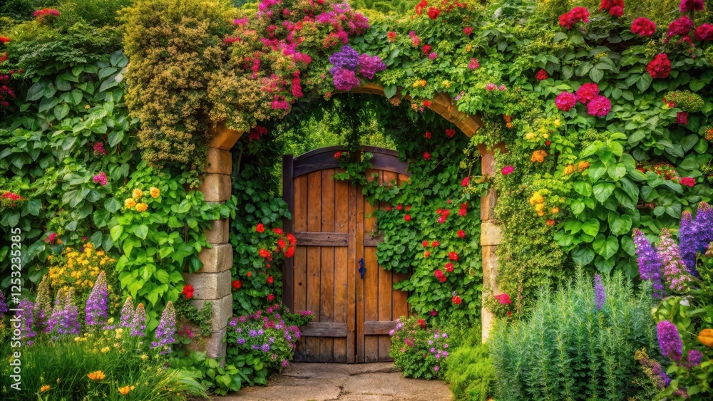 Fototapeta premium Garden gate covered in ivy with colorful flowers and lush greenery, natural elements , flowers, natural elements