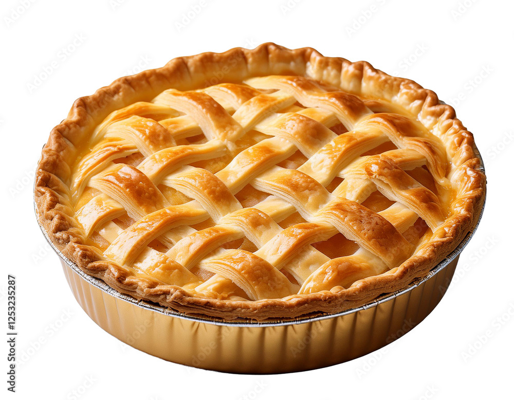 apple pie in a foil container on a white background