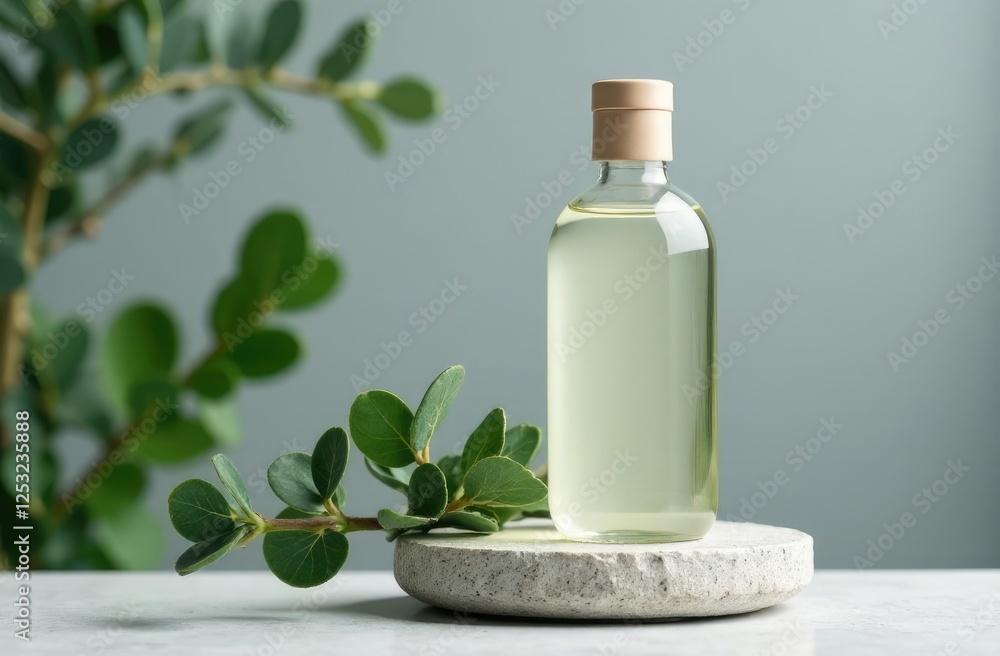 Cosmetic bottle with tonic water on stone stand with branch eucalyptus on grey background. Natural cosmetics concept, skin care product. Beauty concept for face body care Cosmetic bottle with tonic water on stone stand with branch eucalyptus on grey background. Natural cosmetics concept, skin care product. Beauty concept for face body care