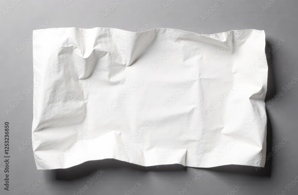 Obraz premium Crumpled piece of white parchment or baking paper on grey background. Top view. Copy space for text and design element