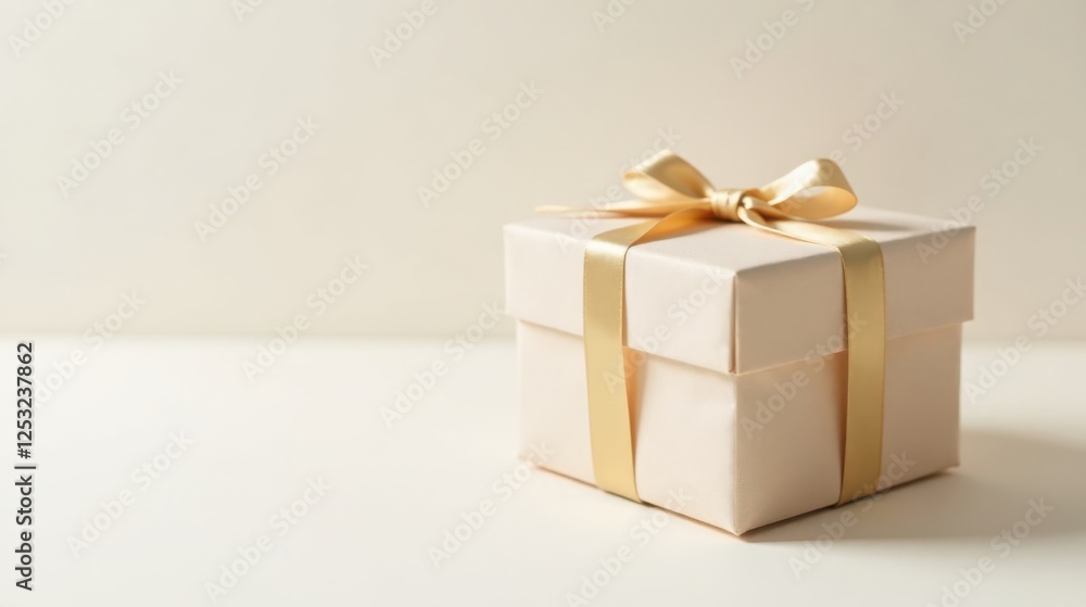 Obraz premium A delicately wrapped present, a cream-colored box adorned with a golden ribbon, sits on a pristine white surface, ready for a special occasion.