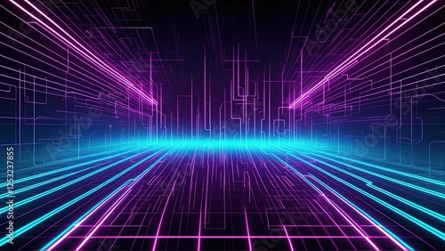 Wallpaper Mural A seamless neon grid background with glowing electric blue and pink lines forming an infinite cyber landscape. The perspective suggests a deep, endless horizon, reminiscent of retro-futuristic Torontodigital.ca