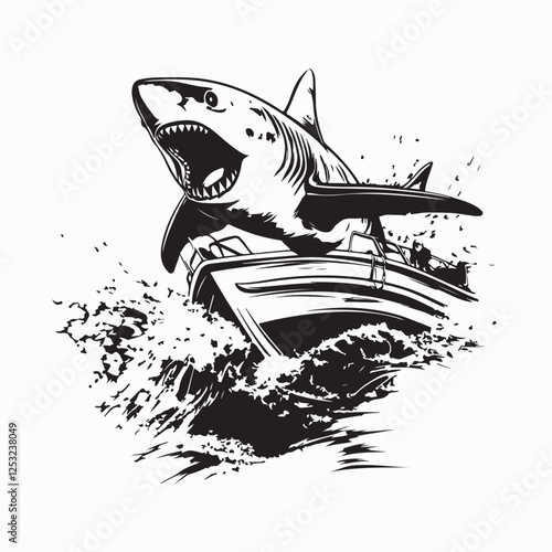 Ferocious Shark Leaping to Attack a Boat in the Open Ocean Vector Illustration