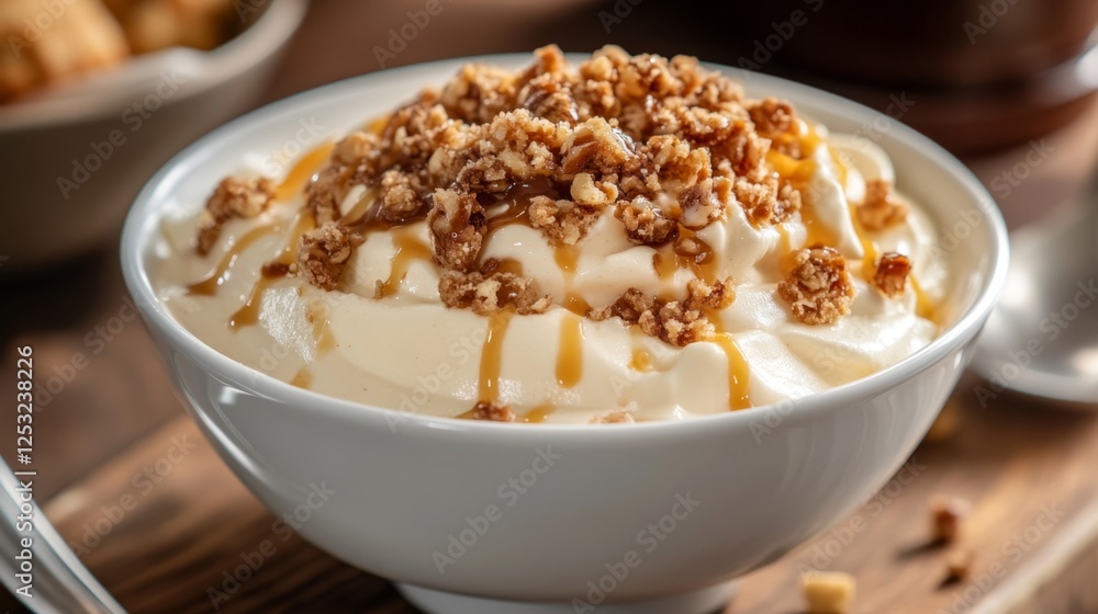 Creamy Dessert Bowl with Crunchy Caramel Topping and Nuts Creamy Dessert Bowl with Crunchy Caramel Topping and Nuts
