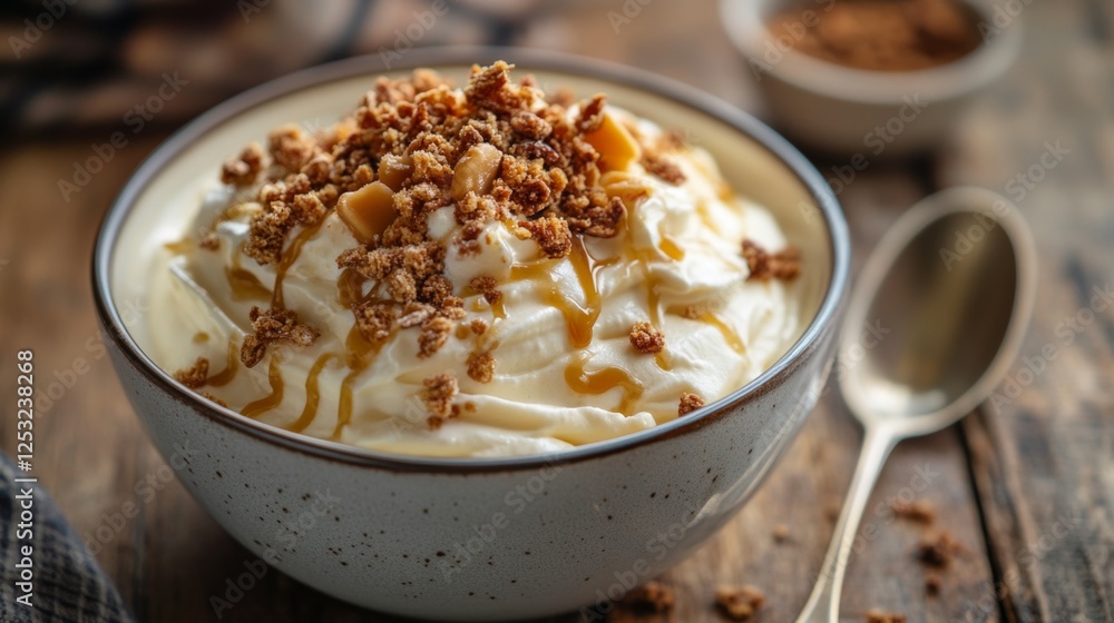 Creamy Dessert Bowl with Crunchy Caramel Topping and Garnish Creamy Dessert Bowl with Crunchy Caramel Topping and Garnish