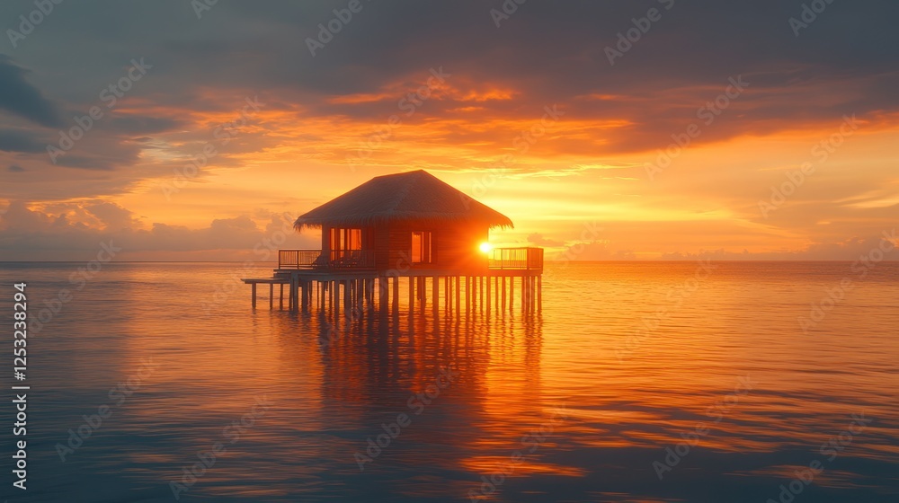 Overwater Bungalow Sunset Tropical Paradise Ocean View Overwater Bungalow Sunset Tropical Paradise Ocean View