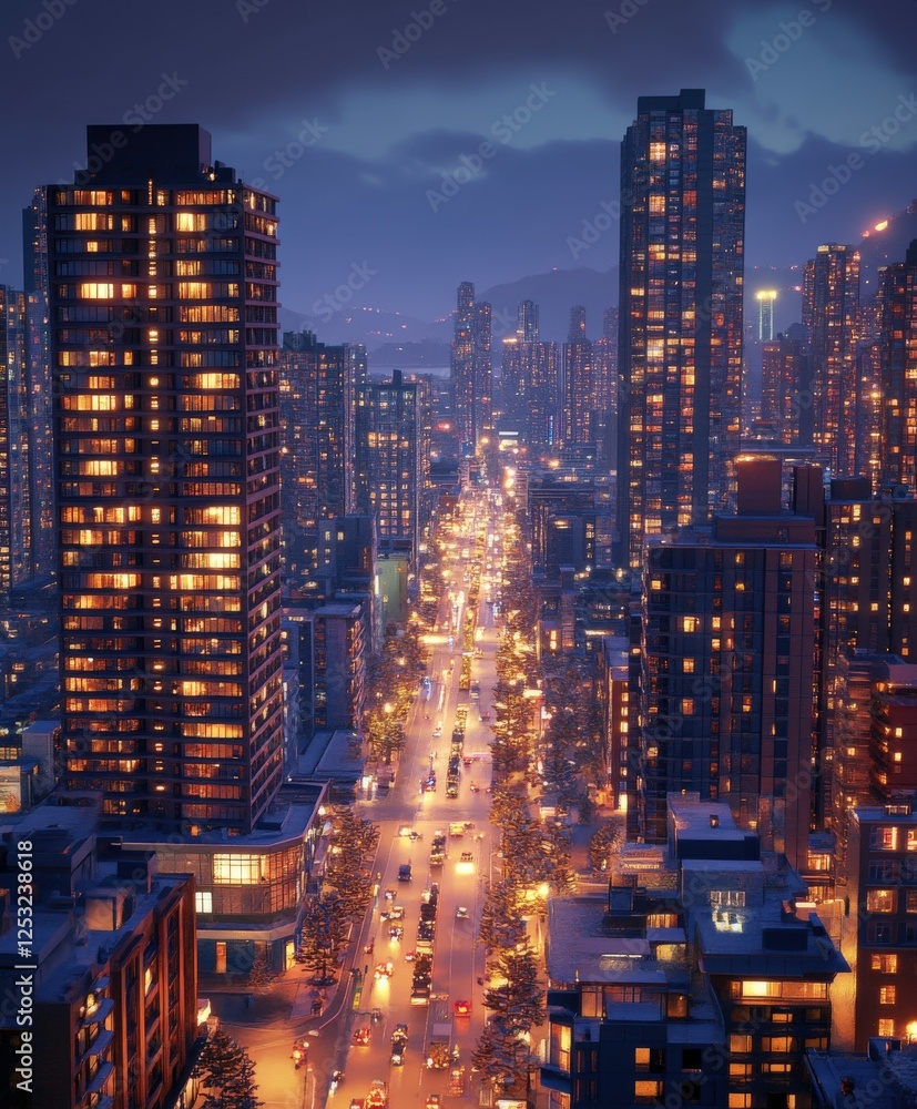 Fototapeta premium City skyline illuminated at night with busy street below