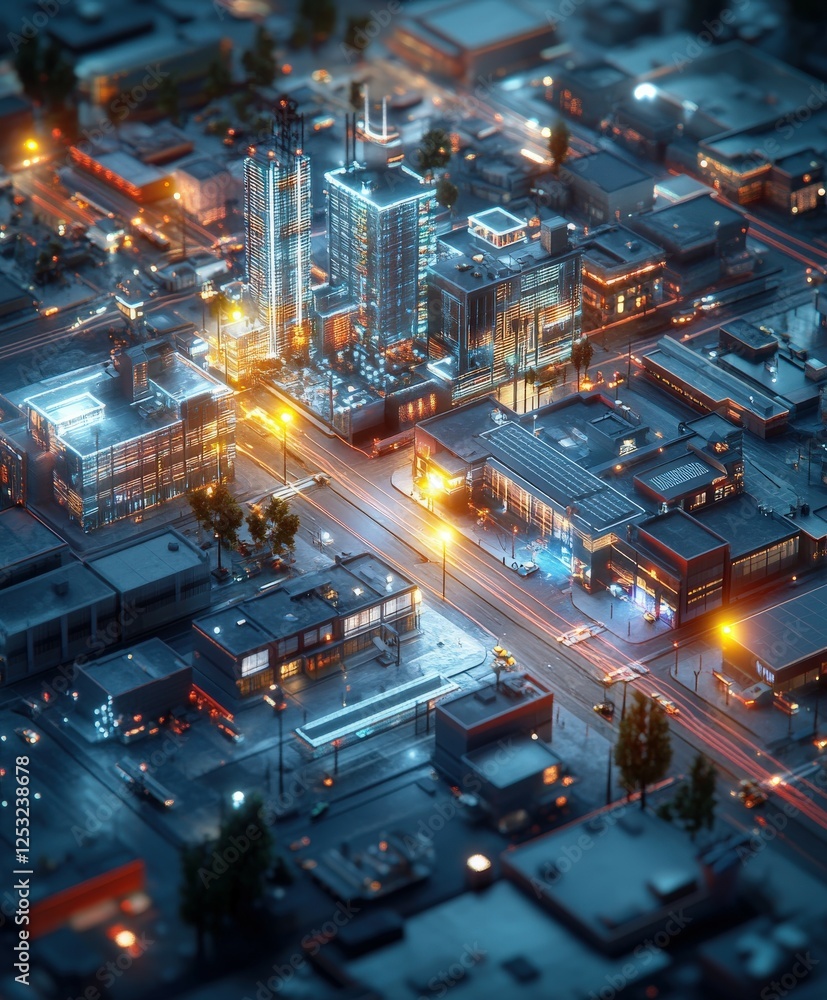 Obraz premium Nighttime urban landscape with glowing city buildings