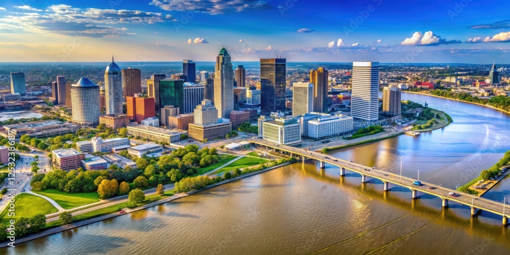 Fototapeta premium Aerial view of Louisville skyline with river and surrounding landscape , kentucky, urban, kentucky, urban, outdoor