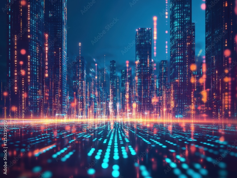 Obraz premium City skyline illuminated by vibrant digital lights at night
