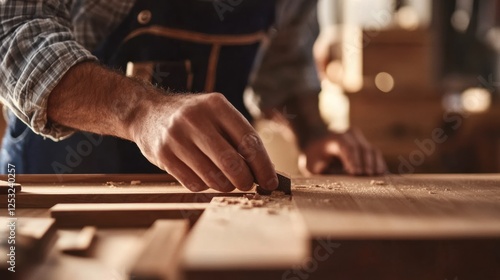A focused shot of a carpenter crafting custom millwork for a luxury residential project, Luxury residential construction scene, Bespoke woodworking style