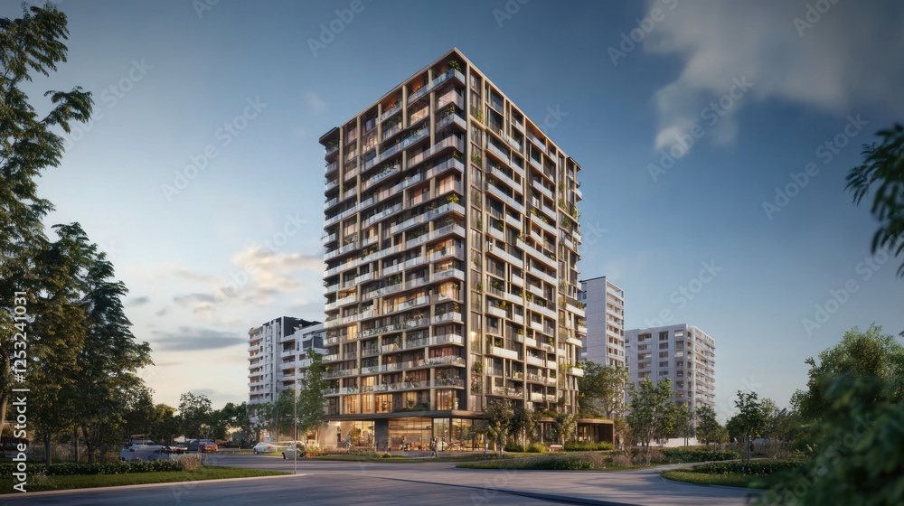 Modern urban residential building architecture with balconies and green trees around Modern urban residential building architecture with balconies and green trees around