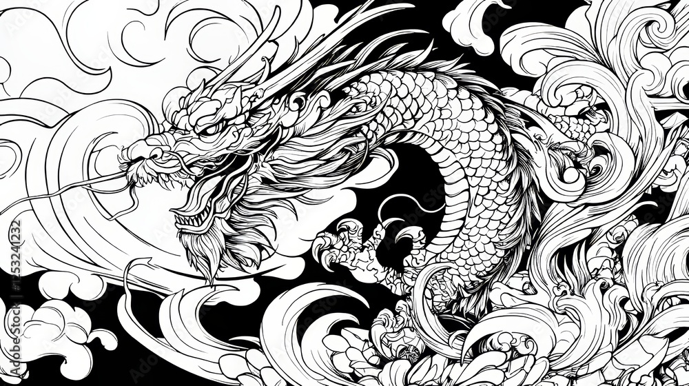 Dragon with swirling smoke and fire patterns, bold linework, Japanese-style tattoo vector ready for coloring Dragon with swirling smoke and fire patterns, bold linework, Japanese-style tattoo vector ready for coloring